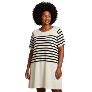 ASOS Curve 22 3X Off-White Black Stripe Trapeze Midi Dress Stretch Short Sleeve